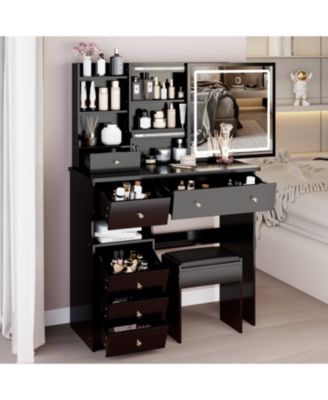 + 37" + Wood/Glass (assuming typical vanity materials) + LED Mirror + Vanity Table with Stool