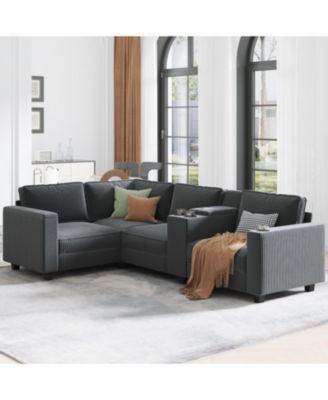 L-Shaped Corduroy Sofa w/ Storage & USB