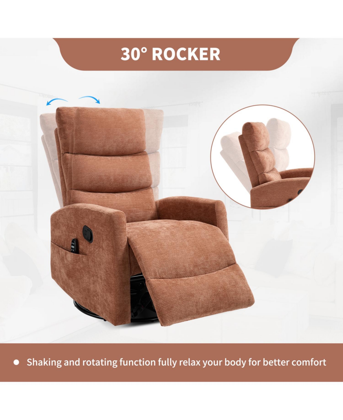 Streamdale Furniture Heat Massage Rocker Recliner Chair, Swivel Fabric