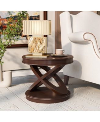 Retro Round Wooden End Table, X-Base