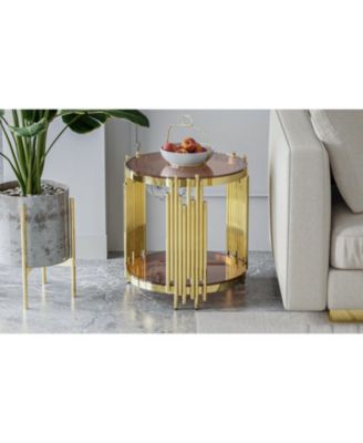 Streamdale Gold End Table, Brown Tempered Glass, Stainless Steel Legs
