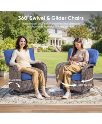 T-Frame Brown Wicker Outdoor Swivel Glider Chairs with Olefin 5 In. Thick Cushions 2-Pack）