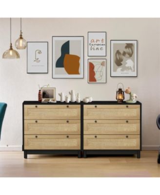 Black 3-Drawer Woven Storage Cabinet (Set of 2