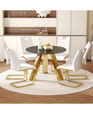 42" Round Sintered Stone Table & 6 White/Gold Chairs