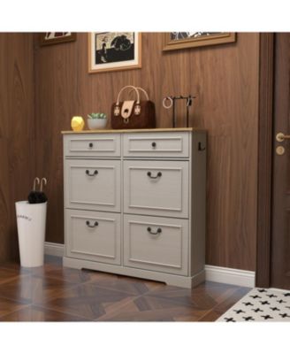 Shoe Storage Cabinet - 2 Drawers, 4 Flip Drawers - Antique White