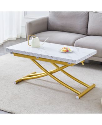 Lift Top Coffee/Dining/Office Table, White MDF, Golden Legs