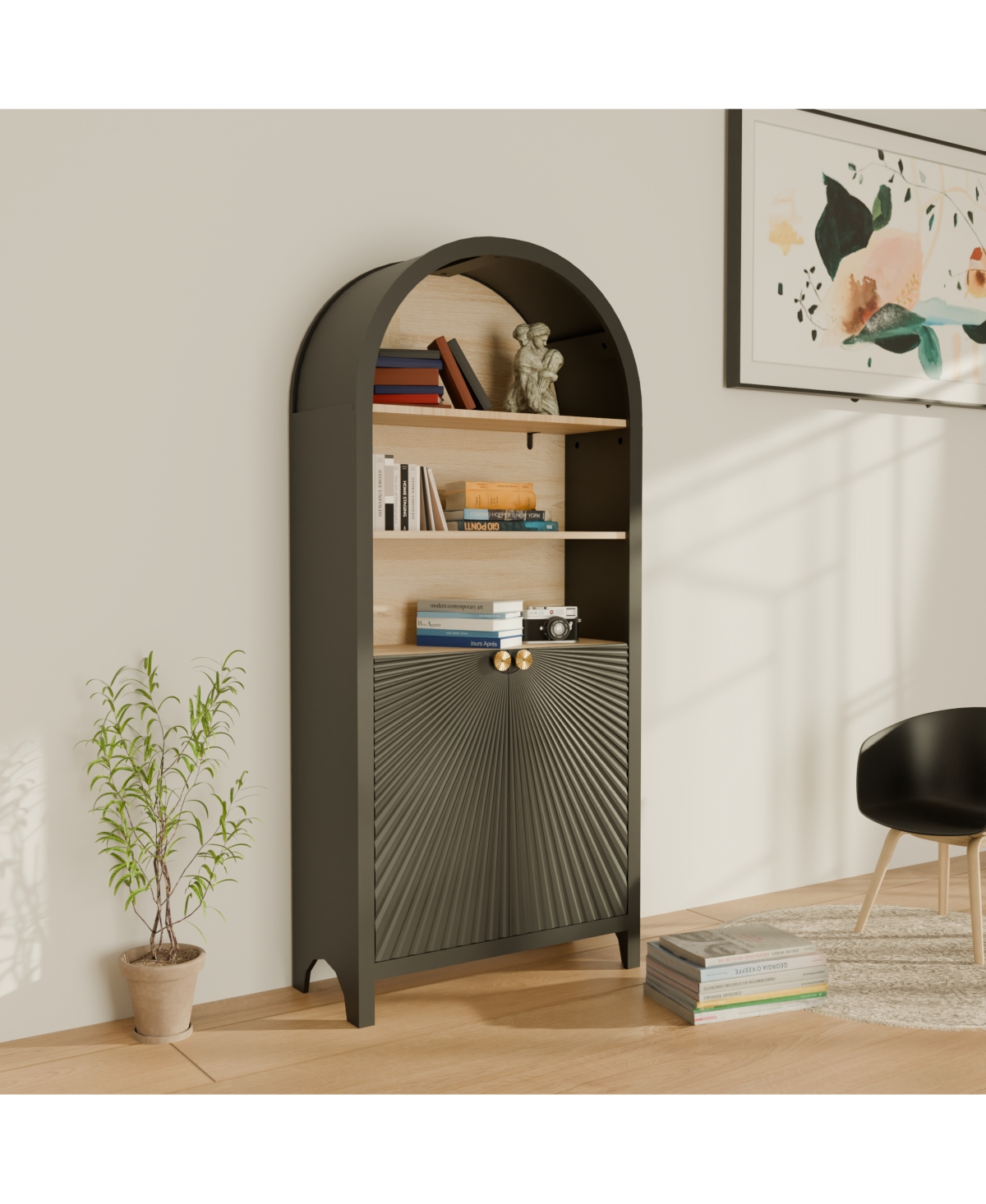 Streamdale 61" Arched Bookcase with Door - Black