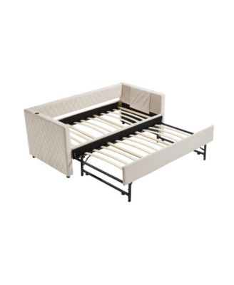  Beige Velvet Daybed - Modern Diamond Grid Design