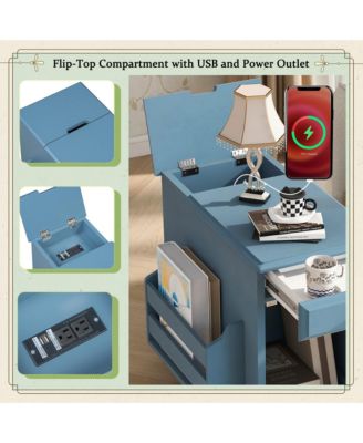 Vintage Flip Top End Table with USB & Drawer
