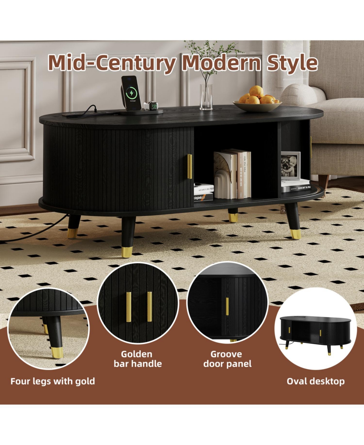 Streamdale Furniture 42.5" Oval Fluted Coffee Table w/ Charging Station & Sliding Door