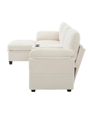  L-Shape Corduroy Sofa- 4-Seater, USB, Storage, Console & Ottoman