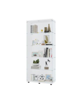 Two Door Glass Cabinet Glass Display Cabinet with 5 Shelves White