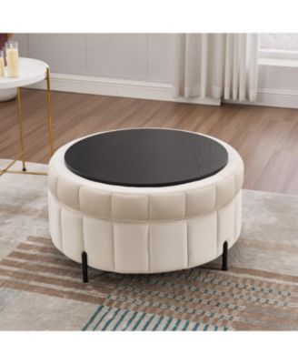 31.5" Beige Velvet Storage Ottoman with Reversible Lid