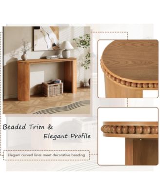  Vintage Console Table - Beaded Trim, Reversible Legs, Natural Wood