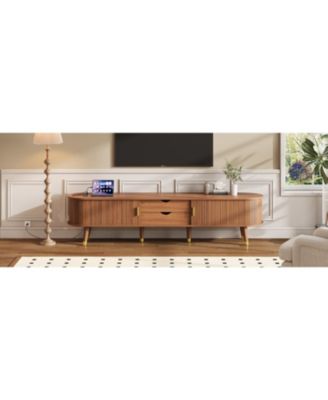 Streamdale Wooden Oval TV Stand with Charging Station, Mid-Century Media Console, Walnut