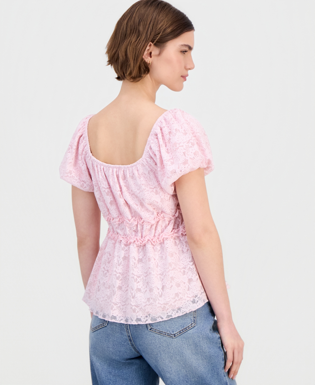 Madden Girl Juniors' Lace Puff-Sleeve Babydoll Top