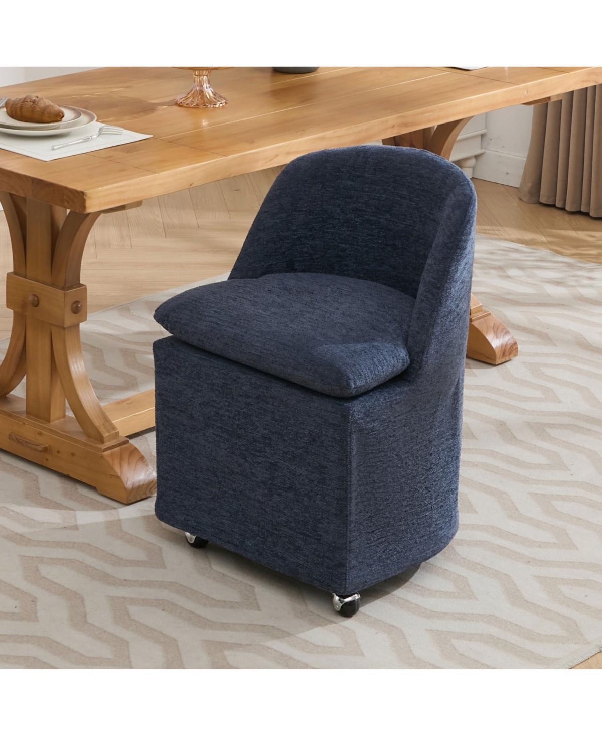 Streamdale Furniture Set of 2 Chenille Fabric Dining Chairs With Universal Wheels,Blue