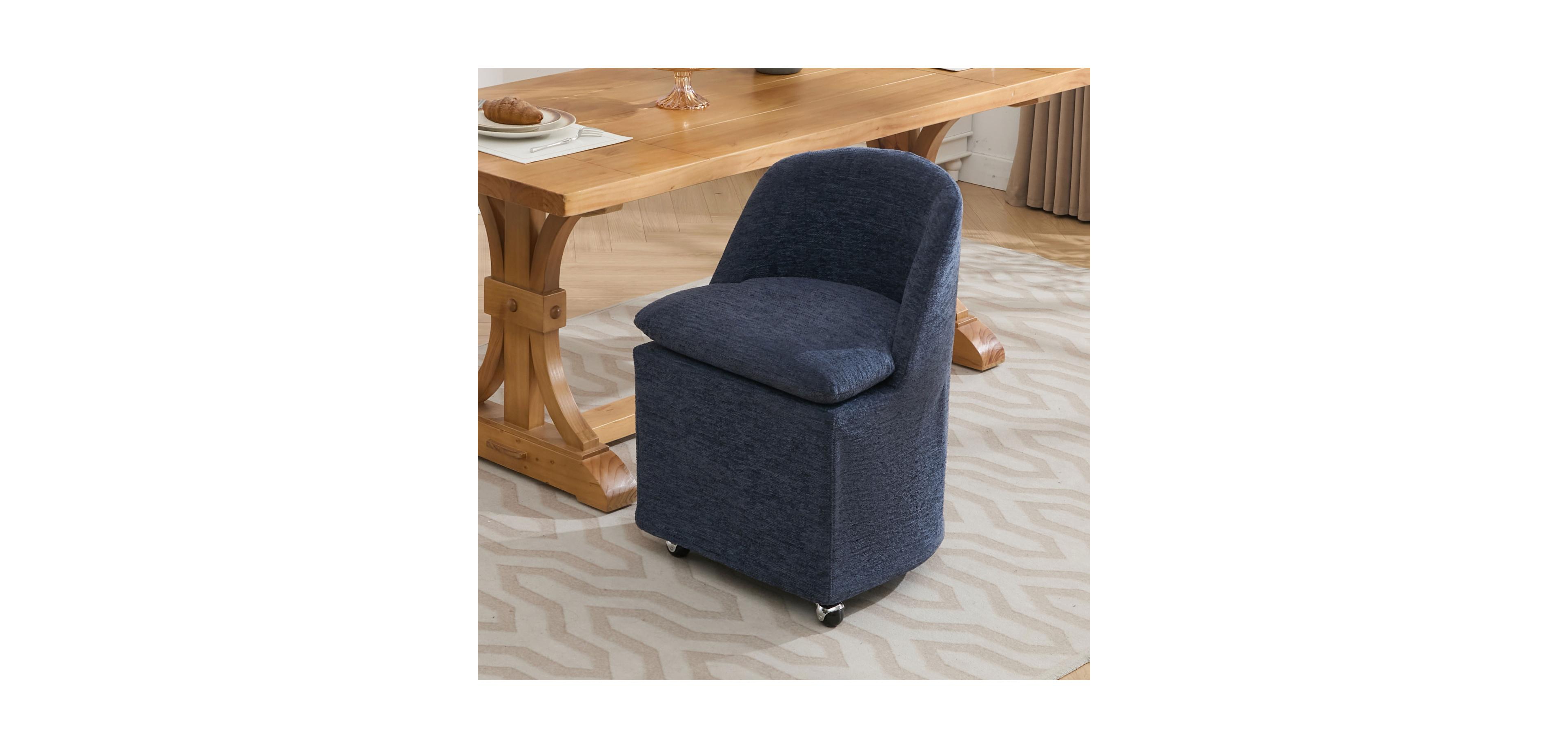 Streamdale Furniture Set of 2 Chenille Fabric Dining Chairs With Universal Wheels,Blue
