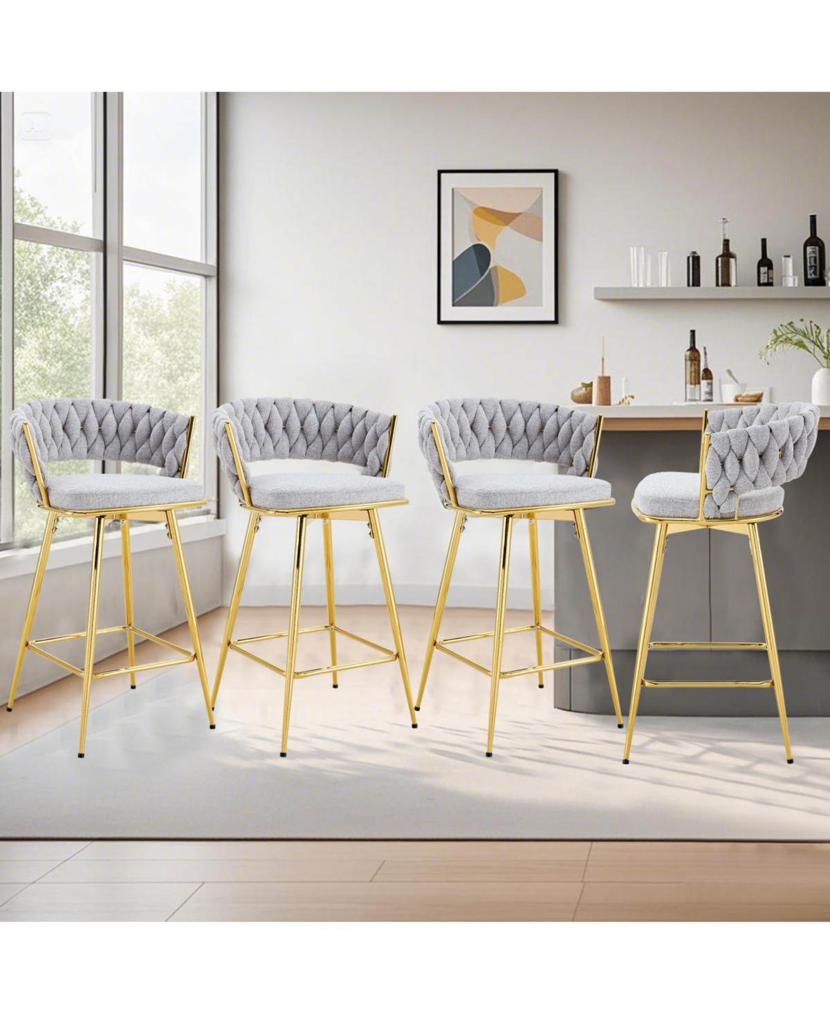 Streamdale Furniture Rotating Beige Linen Bar Stools - Golden Legs