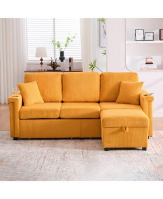 L-Shaped Sectional Sofa w/ Storage Ottoman, USB, Cup Holder, Corduroy
