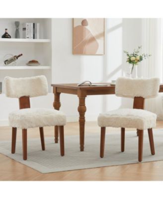 Fur Fabric Armless Dining Chairs, Curved Back, Wood Legs, Ivory (Set of 2