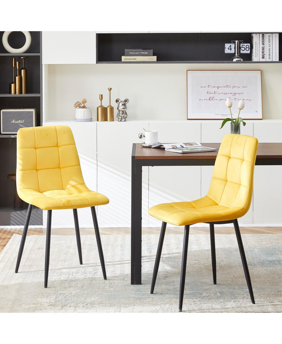 Streamdale Furniture Mid Century Modern Yellow Velvet Dining Chairs Set Of 2 For Kitchen, Living Room