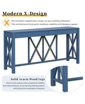 60" Acacia Console Table - Crisscross Design & 4 Drawers