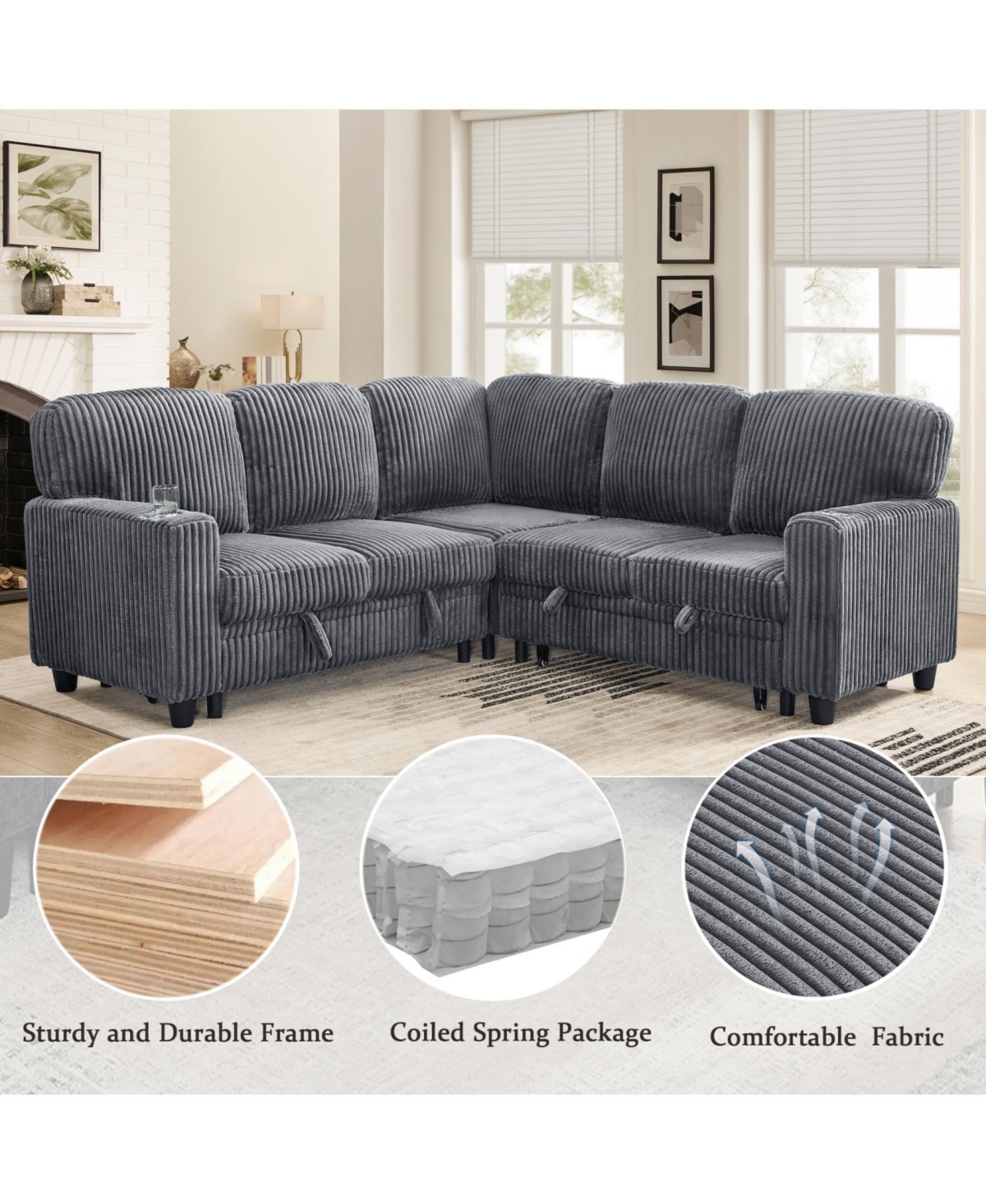 Streamdale Furniture L-Shaped Sectional Sofa Bed- Pull-Out, Storage, Usb, Corduroy