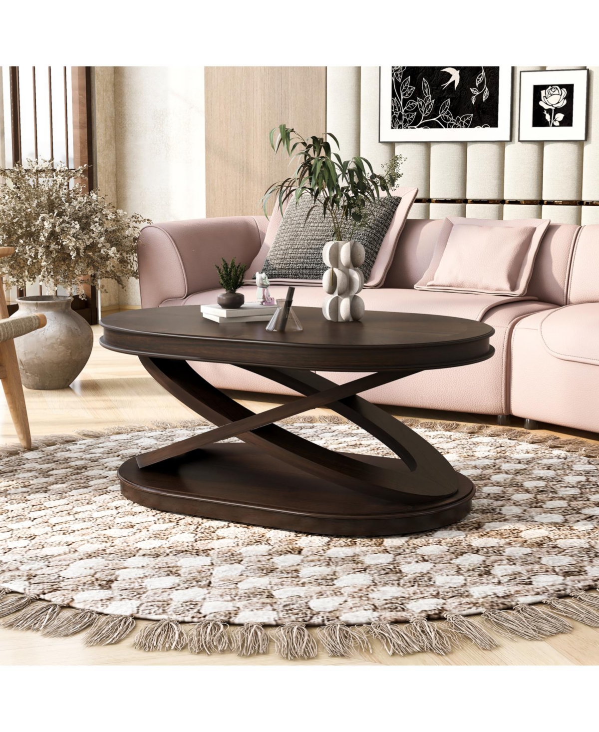 Streamdale Furniture Wood Oval Coffee Table with X-Base & Open Storage - Espresso