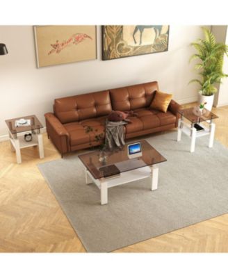  Modern Glass Tea/Coffee Table Set - Brown/White