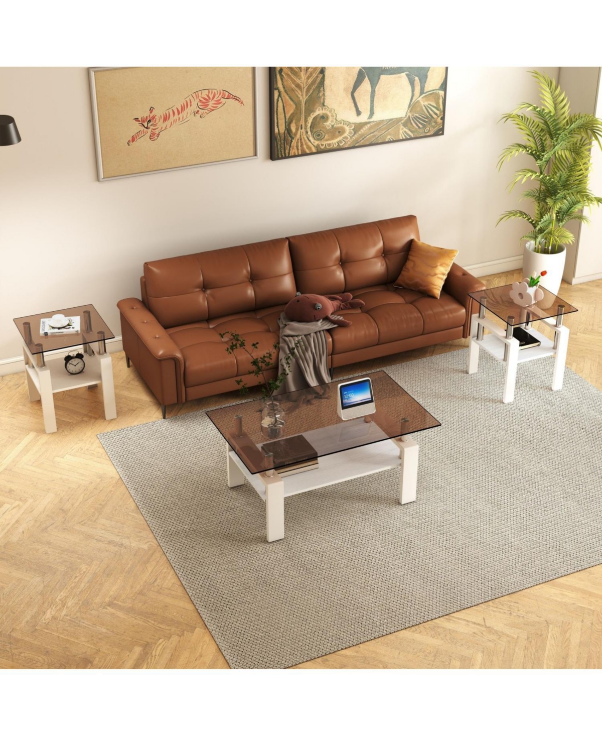 Streamdale Furniture Modern Glass Tea/Coffee Table Set - Brown/White
