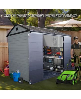8x6ft Resin Garden Shed with Floor & Windows - Grey/Black