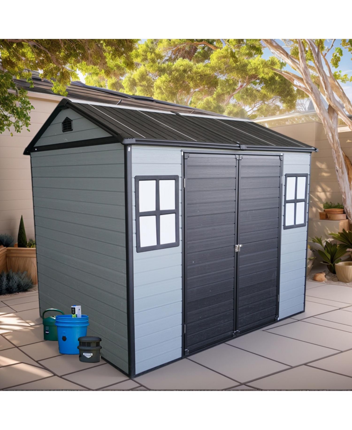 Streamdale Furniture 8x6ft Resin Garden Shed with Floor & Windows - Grey/Black