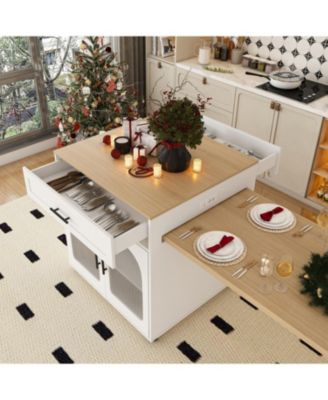 80" Expandable Kitchen Island, Solid Wood Top, Power Outlet, Mobile Cart