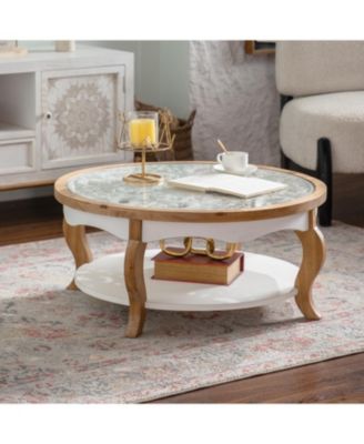 Streamdale Round Wood Coffee Table, Glass Top, Curved Legs