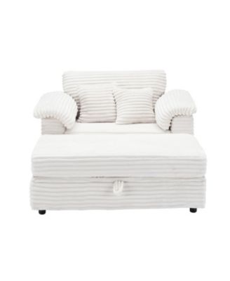 Corduroy Armchair Set w/ USB Ports & Storage Stool - White