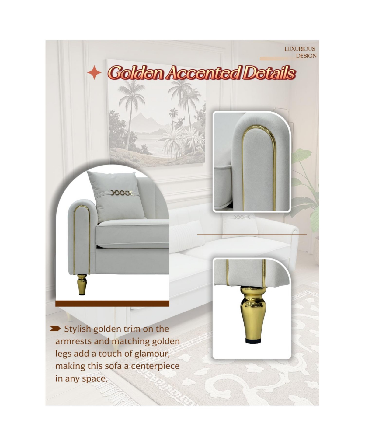 Streamdale Furniture Modern Plush 3-Seater Sofa with Pillows & Metal Legs