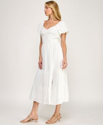 Juniors' Sweetheart Neck Puff-Sleeve Ruched Waist Midi Dress