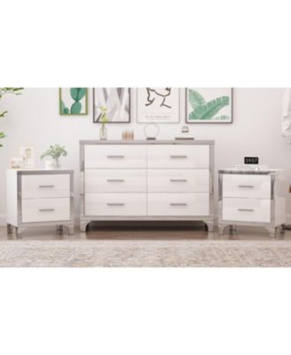 3-Pieces Sets,Dresser and Two Nightstands with Metal Handles and Mirror Decoration, Elegant and