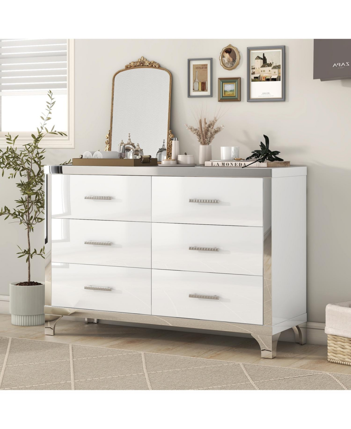 Streamdale Furniture Elegant High Gloss Dresser with Metal Handle, Mirrored Storage Cabinet 6 Drawers