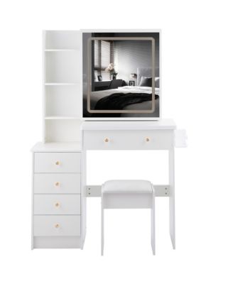 37" Bedside Vanity Table Set with - Cushioned Stool - AC/USB Sockets - Hair Dryer Stand - Touch Control LED Mirror