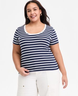 Trendy Plus Size Primavera Stripe Scoop Neck Short-Sleeve T-Shirt