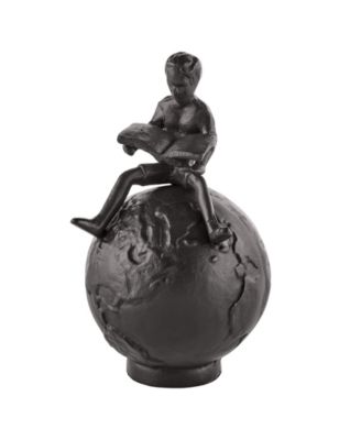 Brown Cast Iron Boy Reading on Globe Sculpture
