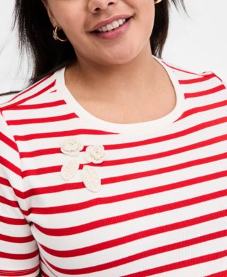 Trendy Plus Size Embroidered Striped Short-Sleeve Top