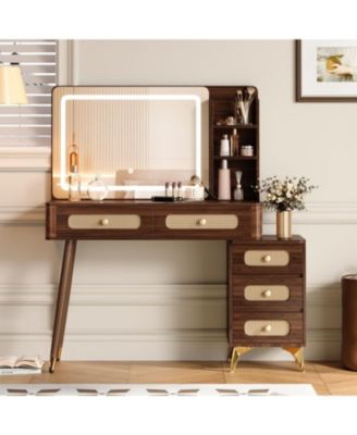 47" Lighted Vanity Desk with Rattan Drawers - Dark Walnut