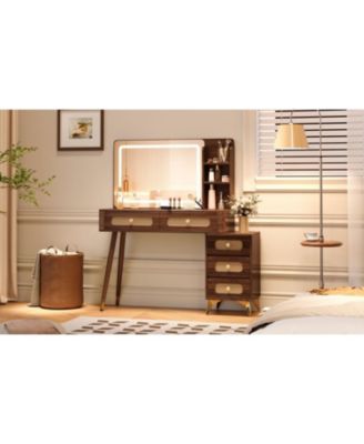 47" Lighted Vanity Desk with Rattan Drawers - Dark Walnut