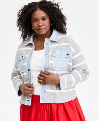 Trendy Plus Size Mixed Media Sweater Jacket