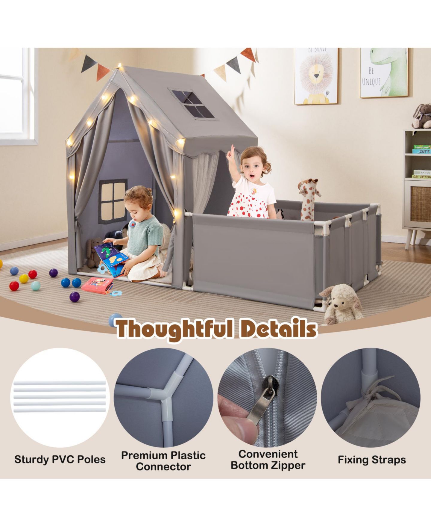 Детские игрушки Gymax Star Lights 3-Piece Play Tent with Playpen Set, Ages 3+, цвет: Серый — фото 9