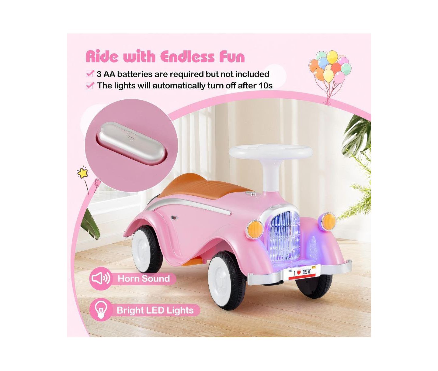 Детская игрушка HONGGE Toddler Ride-On Car with Steering Wheel, Lights and Storage, Ages 1.5-3, цвет: Розовый — фото 8