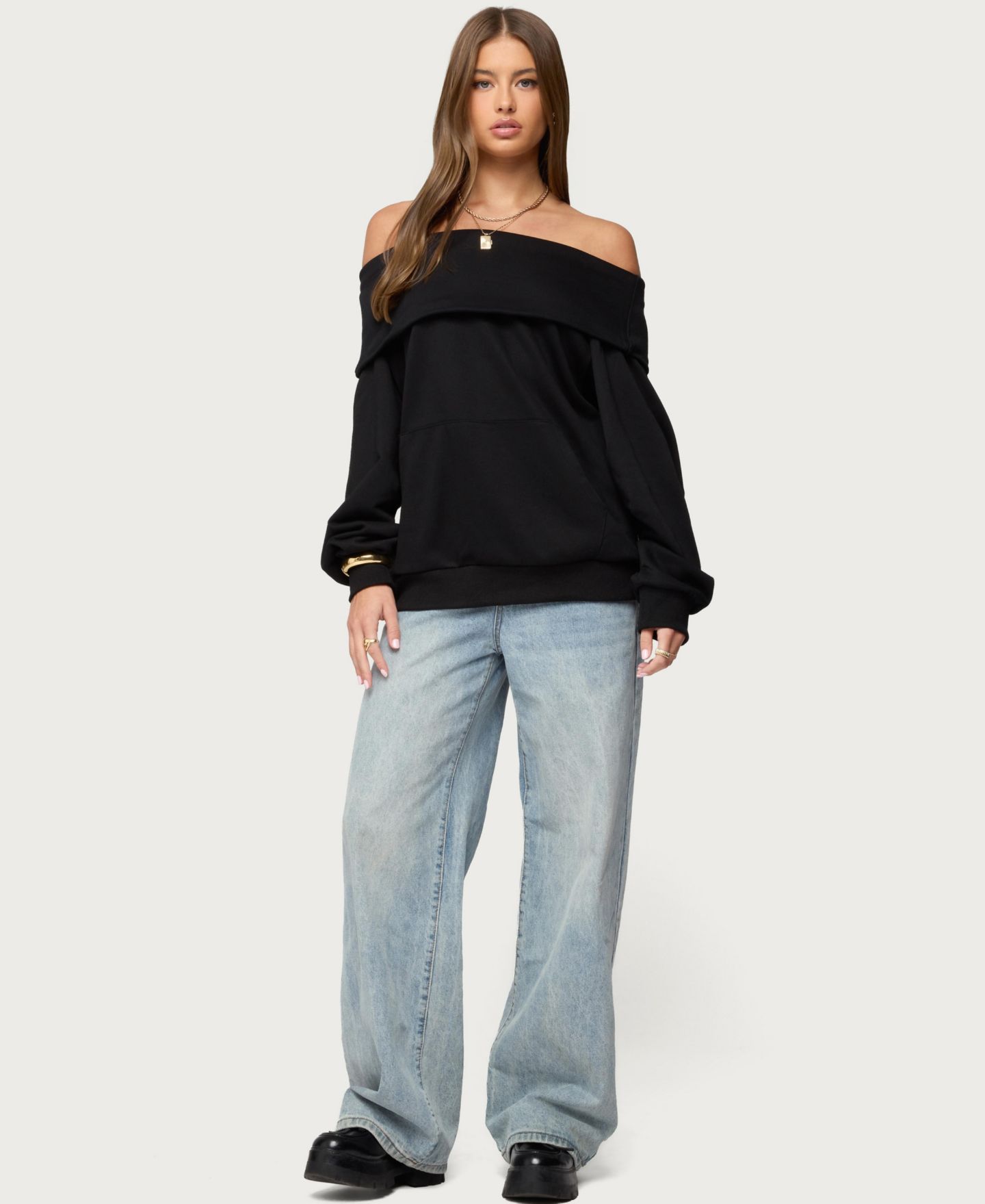 Женский свитшот Edikted Ashlee Oversized Foldover, цвет: Чёрный — фото 3